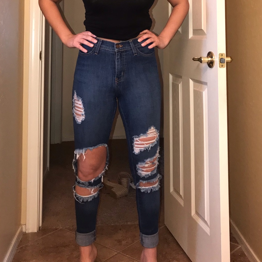Dark Denim Ripped High-Waisted Jeans
